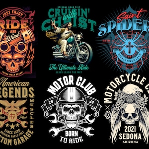 May include: Six vintage motorcycle club logos with skulls, eagles, and crosses. The logos are in black, white, red, and blue with text that includes "American Legends", "Motor Club", "Motorcycle Club", "Saint Spiders", "Cruzin' with Christ", and "Just Enjoy the Ride and Wind".