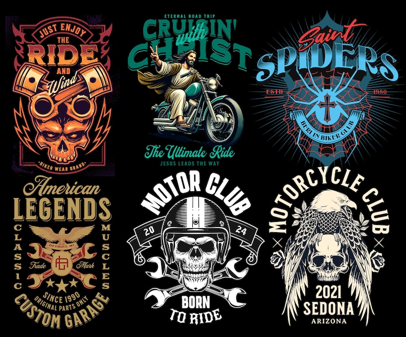 May include: Six vintage motorcycle club logos with skulls, eagles, and crosses. The logos are in black, white, red, and blue with text that includes "American Legends", "Motor Club", "Motorcycle Club", "Saint Spiders", "Cruzin' with Christ", and "Just Enjoy the Ride and Wind".