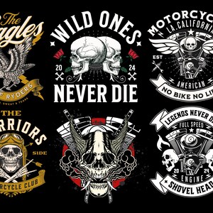 May include: Six different motorcycle club logos with skull imagery. The logos feature text such as "The Eagles", "Wild Ones", "Motorcycles", "The Warriors", "Legends Never Die", and "Shovel Head".