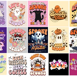 May include: A collection of 16 colourful digital illustrations featuring spooky and Halloween-themed designs. The illustrations feature ghosts, pumpkins, bats, and other spooky imagery. The text on the illustrations includes phrases like "Spooky Season", "Boo's Brew", "Spooky Vibes", and "Let's Go Ghoul's".