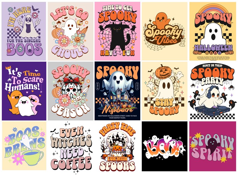 May include: A collection of 16 colourful digital illustrations featuring spooky and Halloween-themed designs. The illustrations feature ghosts, pumpkins, bats, and other spooky imagery. The text on the illustrations includes phrases like "Spooky Season", "Boo's Brew", "Spooky Vibes", and "Let's Go Ghoul's".