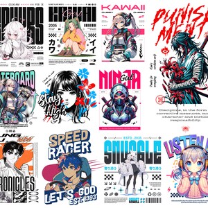 Puede incluir: Un collage de dise&ntilde;os gr&aacute;ficos coloridos con personajes de anime, texto e ilustraciones. Los dise&ntilde;os incluyen un patinador, una ni&ntilde;a ninja, un corredor de velocidad, una persona con una corona y una persona escuchando m&uacute;sica. Los dise&ntilde;os est&aacute;n en una variedad de estilos, incluyendo dibujos animados, anime y graffiti.