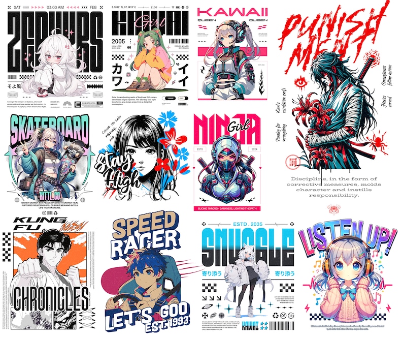 Puede incluir: Un collage de dise&ntilde;os gr&aacute;ficos coloridos con personajes de anime, texto e ilustraciones. Los dise&ntilde;os incluyen un patinador, una ni&ntilde;a ninja, un corredor de velocidad, una persona con una corona y una persona escuchando m&uacute;sica. Los dise&ntilde;os est&aacute;n en una variedad de estilos, incluyendo dibujos animados, anime y graffiti.