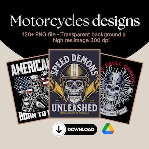 May include: Three motorcycle designs featuring skull imagery. The first design is a red, white, and blue American flag with the text "American Bike" and "Born to Ride". The second design features a skull wearing a helmet with the text "Speed Demons" and "Unleashed - Adrenaline Junkie on the Asphalt". The third design features a skull wearing a helmet with antlers and the text "Ride Skull Garage" and "Born to Ride 2024".