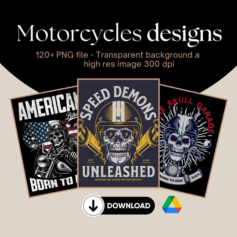 May include: Three motorcycle designs featuring skull imagery. The first design is a red, white, and blue American flag with the text "American Bike" and "Born to Ride". The second design features a skull wearing a helmet with the text "Speed Demons" and "Unleashed - Adrenaline Junkie on the Asphalt". The third design features a skull wearing a helmet with antlers and the text "Ride Skull Garage" and "Born to Ride 2024".