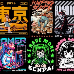 Puede incluir: Una colecci&oacute;n de seis dise&ntilde;os gr&aacute;ficos coloridos con personajes de anime, coches y texto. Los dise&ntilde;os incluyen un coche amarillo con la palabra japonesa "Tokio" en letras grandes amarillas, un patinador saltando sobre un edificio, un coche con el texto "Hashiriya" y "Underground Street Racers", una chica gamer jugando en una computadora, una calavera con cabello verde y una planta de marihuana, y una chica comiendo fideos ramen.
