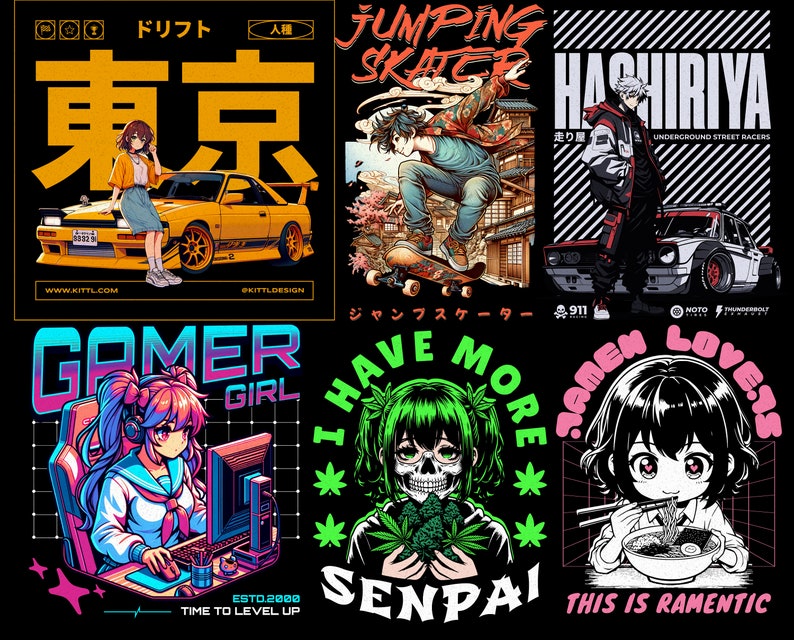 Puede incluir: Una colecci&oacute;n de seis dise&ntilde;os gr&aacute;ficos coloridos con personajes de anime, coches y texto. Los dise&ntilde;os incluyen un coche amarillo con la palabra japonesa "Tokio" en letras grandes amarillas, un patinador saltando sobre un edificio, un coche con el texto "Hashiriya" y "Underground Street Racers", una chica gamer jugando en una computadora, una calavera con cabello verde y una planta de marihuana, y una chica comiendo fideos ramen.