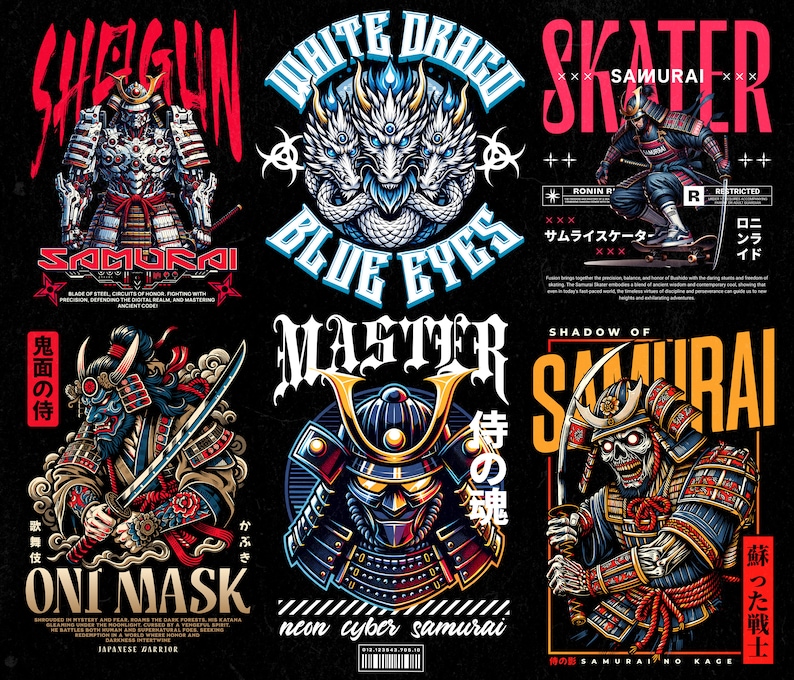 Puede incluir: Una colecci&oacute;n de seis dise&ntilde;os gr&aacute;ficos coloridos con guerreros samur&aacute;is, dragones y calaveras. Los dise&ntilde;os incluyen texto como "White Dragon Blue Eyes", "Shadow of Samurai", "Master", "Oni Mask", "Skater Samurai" y "Shogun".