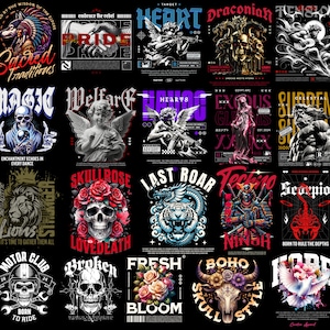 May include: A collection of graphic designs on a black background. Designs include skulls, angels, lions, and floral arrangements, each with unique text elements. The designs feature a variety of fonts and styles, with a focus on bold imagery and contrasting colors.