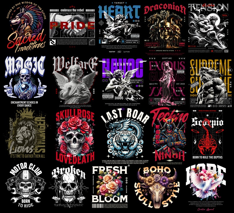 May include: A collection of graphic designs on a black background. Designs include skulls, angels, lions, and floral arrangements, each with unique text elements. The designs feature a variety of fonts and styles, with a focus on bold imagery and contrasting colors.