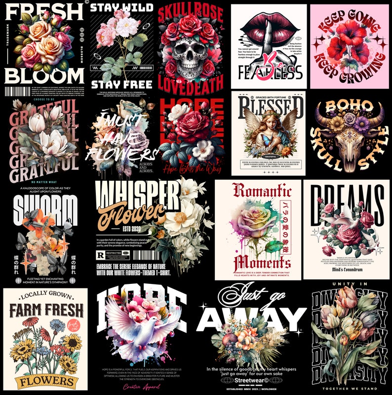 May include: A collection of graphic designs featuring floral and skull motifs, with text elements like "Fresh Bloom," "Stay Wild," and "Lovedeath." Designs include roses, angel wings, and a dove, all on a black background.