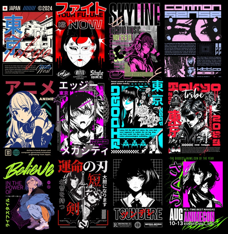 Puede incluir: Un collage de nueve im&aacute;genes coloridas con personajes de anime y texto japon&eacute;s. Las im&aacute;genes presentan una variedad de estilos, incluyendo cyberpunk, techno y arte japon&eacute;s tradicional. El texto incluye frases como "Your Future is Now", "Skyline", "Anime", "Mega City", "Believe", "Fate", "Tsundere" y "Aug Animecon".
