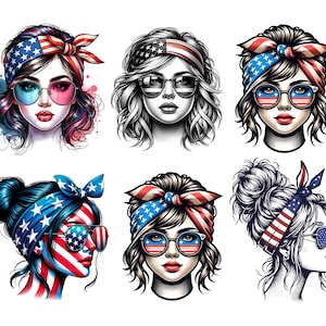 Messy Bun Momlife PNG Bundle with USA Flag Design, Patriotic Mom Sublimation Files for T-Shirts, High Quality 4th of July Clipart Set