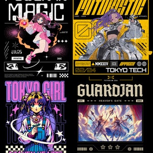 Puede incluir: Un collage de cuatro impresiones de arte digital con personajes de estilo anime. La impresi&oacute;n superior izquierda presenta a una chica con el pelo rosa sosteniendo un orbe brillante en su mano. La impresi&oacute;n superior derecha presenta a una chica con el pelo morado con un atuendo futurista. La impresi&oacute;n inferior izquierda presenta a una chica con el pelo azul sosteniendo una flor en su mano. La impresi&oacute;n inferior derecha presenta a un grupo de &aacute;ngeles con espadas en un cielo nublado. Las impresiones tienen texto en japon&eacute;s, ingl&eacute;s y otros idiomas.