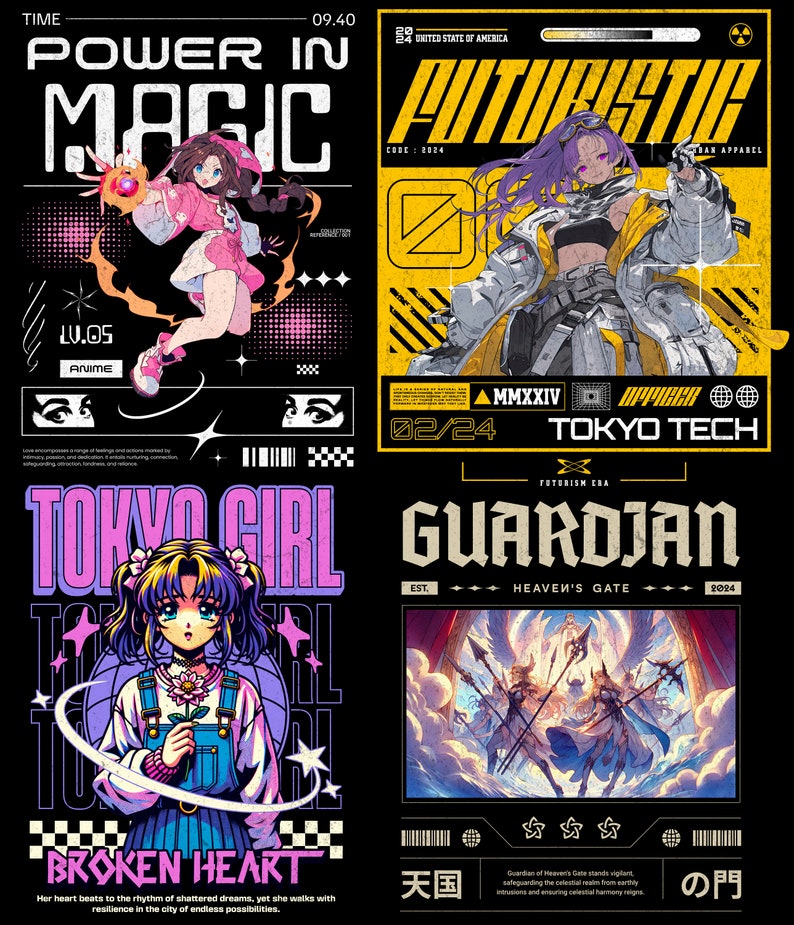 Puede incluir: Un collage de cuatro impresiones de arte digital con personajes de estilo anime. La impresi&oacute;n superior izquierda presenta a una chica con el pelo rosa sosteniendo un orbe brillante en su mano. La impresi&oacute;n superior derecha presenta a una chica con el pelo morado con un atuendo futurista. La impresi&oacute;n inferior izquierda presenta a una chica con el pelo azul sosteniendo una flor en su mano. La impresi&oacute;n inferior derecha presenta a un grupo de &aacute;ngeles con espadas en un cielo nublado. Las impresiones tienen texto en japon&eacute;s, ingl&eacute;s y otros idiomas.