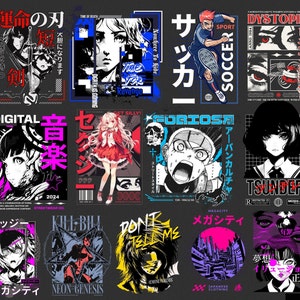 Puede incluir: Un collage de 16 dise&ntilde;os gr&aacute;ficos diferentes con personajes de anime, texto japon&eacute;s y colores llamativos. Los dise&ntilde;os est&aacute;n sobre un fondo gris oscuro.