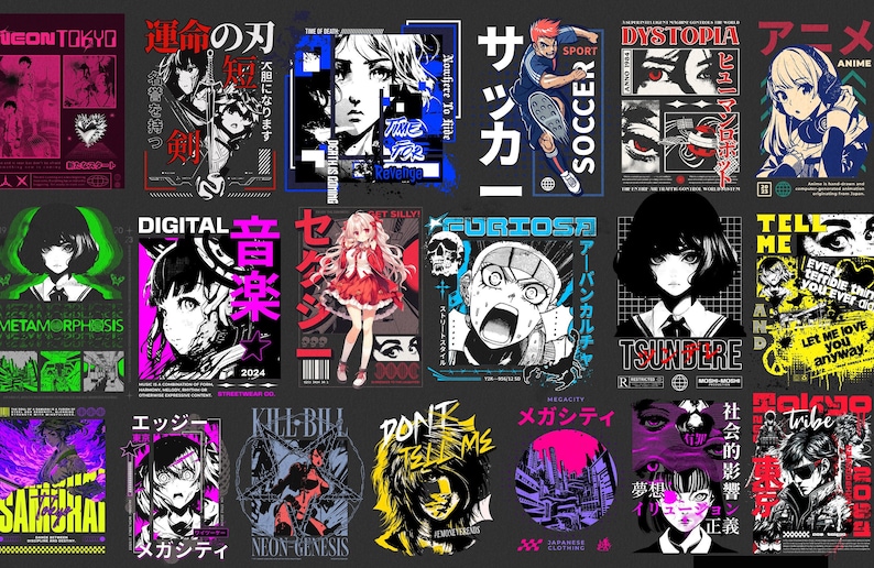 Puede incluir: Un collage de 16 dise&ntilde;os gr&aacute;ficos diferentes con personajes de anime, texto japon&eacute;s y colores llamativos. Los dise&ntilde;os est&aacute;n sobre un fondo gris oscuro.