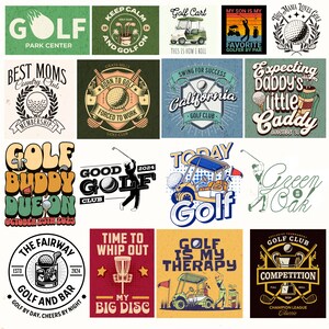 Puede incluir: Una colección de 12 diseños de golf de estilo vintage coloridos. Los diseños presentan carritos de golf, pelotas de golf, palos de golf y texto como "Golf Buddy Due On", "Golf is My Therapy" y "Keep Calm and Golf On".