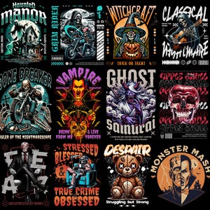 May include: A collection of 10 graphic t-shirt designs featuring various themes, including haunted manor, grim rider, witchcraft, classical nightmare, bone breaker, vampire, ghost samurai, apple skull, stressed blessed, true crime obsessed, despair, and monster mash. The designs are in a dark and edgy style with bold typography and intricate illustrations.