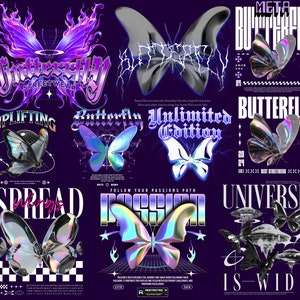 Schmetterling Streetwear T-Shirt Design PNG Bundle - Trendige Y2K Chromgrafiken, urbane T-Shirts Premium Quality Streetwear Dateien