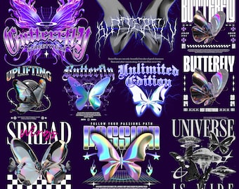 Butterfly Streetwear T-Shirt Design PNG Bundle - Trendy Y2K Chrome Graphics, urban t-shirts Premium Quality Streetwear Files