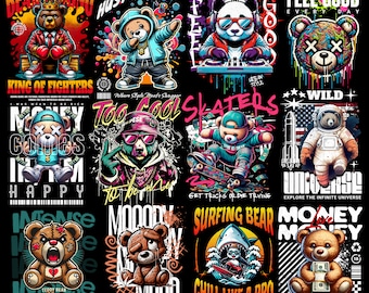 Bear T-shirt designs bundle, bear streetwear design bundle, streetwear design png, teddy bear design, urban t-shirts, hip hop t-shirt