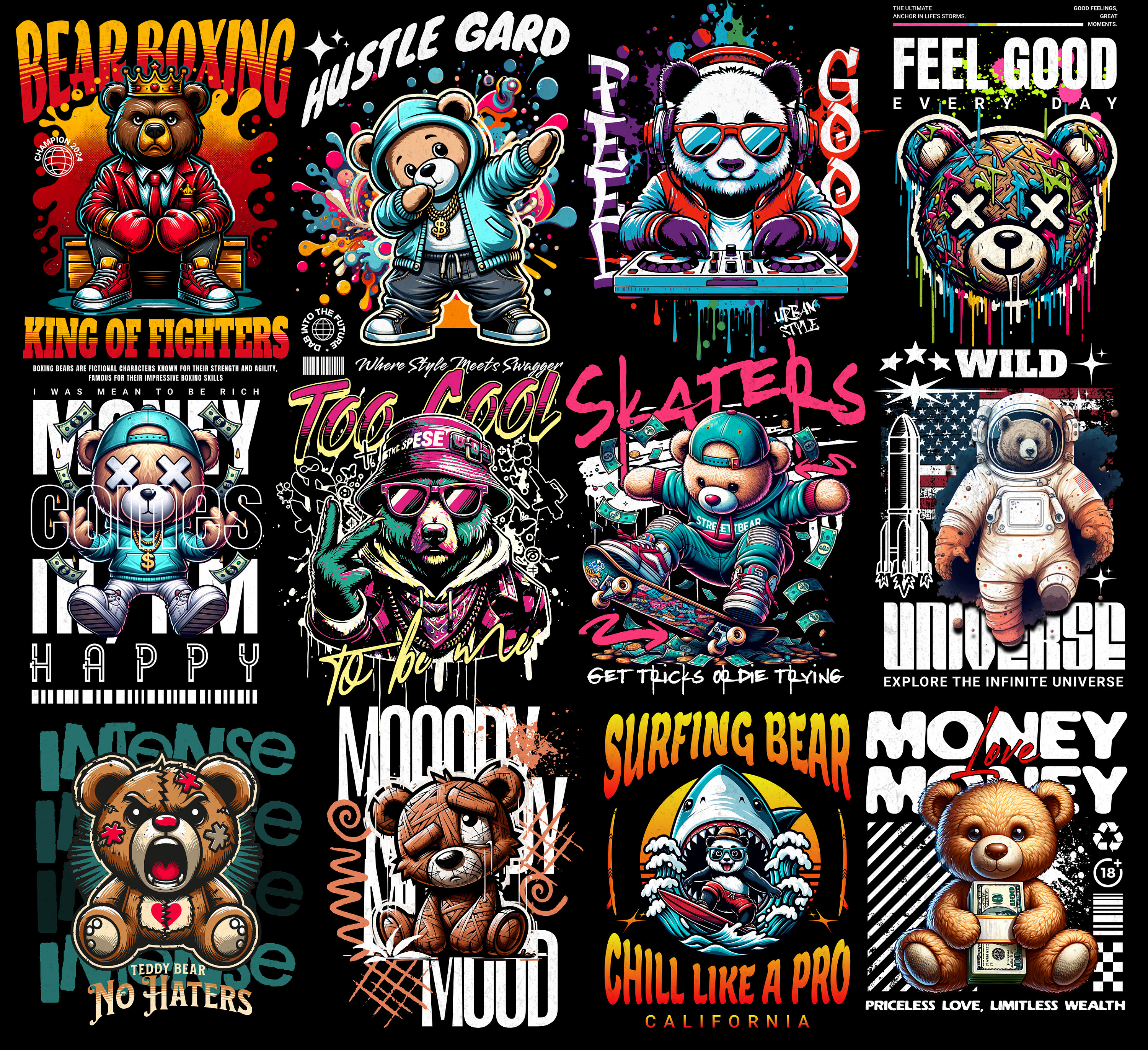 Bear T-shirt Designs Bundle, Bear Streetwear Design Bundle