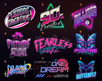 Design de logotipo personalizado Y2K - Placa de neon retrô personalizada, arte de parede estilo anos 2000, design estético moderno PNG, logotipo 3D