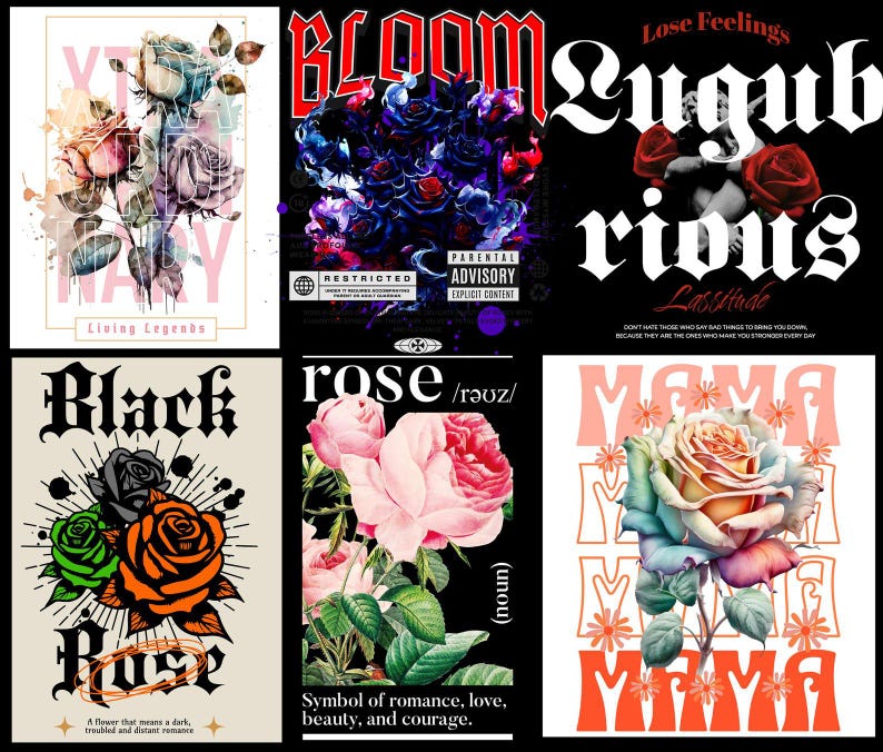 May include: Collection of six graphic designs featuring roses. Designs include text such as "BLOOM", "Black Rose", and "MAMA". The roses are depicted in various colors, including pink, blue, orange, and black, with some designs incorporating watercolor effects.
