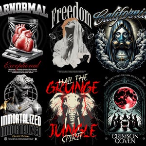 May include: A collection of six graphic designs on a black background. The designs include a heart in a bag, a woman with a veil, a woman with a gas mask, a statue, an elephant, and a crimson moon. Each design has unique text.