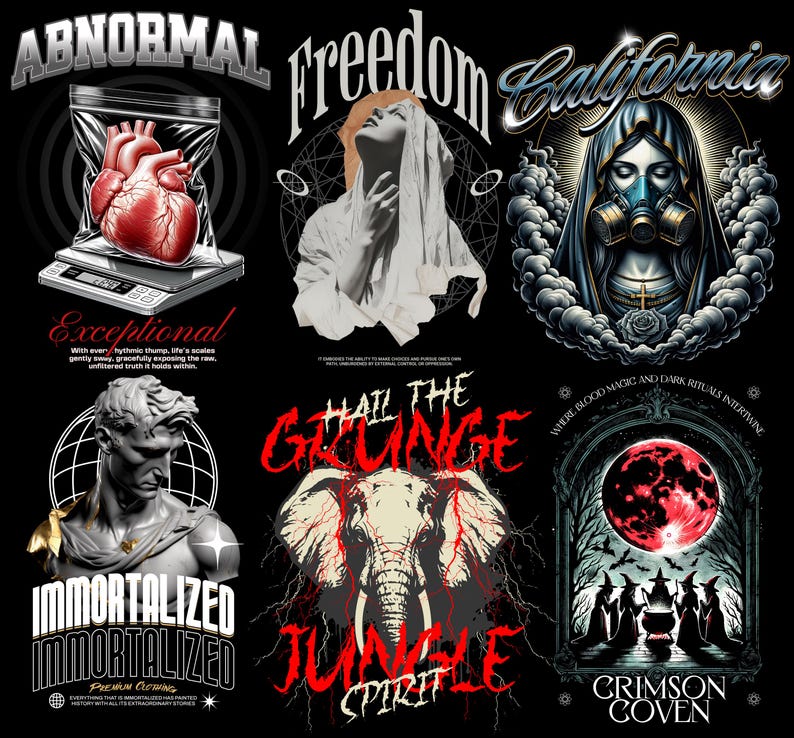 May include: A collection of six graphic designs on a black background. The designs include a heart in a bag, a woman with a veil, a woman with a gas mask, a statue, an elephant, and a crimson moon. Each design has unique text.