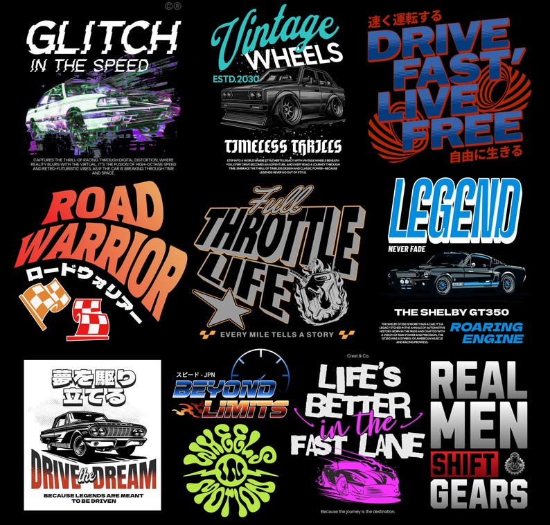 May include: A collage of nine colorful graphic designs featuring vintage car illustrations and text related to driving, speed, and racing. The designs include phrases like "Glitch in the Speed", "Vintage Wheels", "Drive Fast, Live Free", "Road Warrior", "Full Throttle Life", "Legend", "Beyond Limits", "Life's Better in the Fast Lane", and "Real Men Shift Gears".
