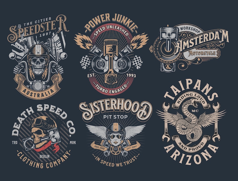 May include: A set of eight vintage motorcycle club logos with various designs, including skulls, snakes, wrenches, and engine parts. The logos are in a retro style with bold lettering and intricate details. The text on the logos includes "Speedster", "Power Junkie", "Amsterdam Motorcycle", "Death Speed Co.", "Sisterhood", "Tai Pans", and "Arizona".