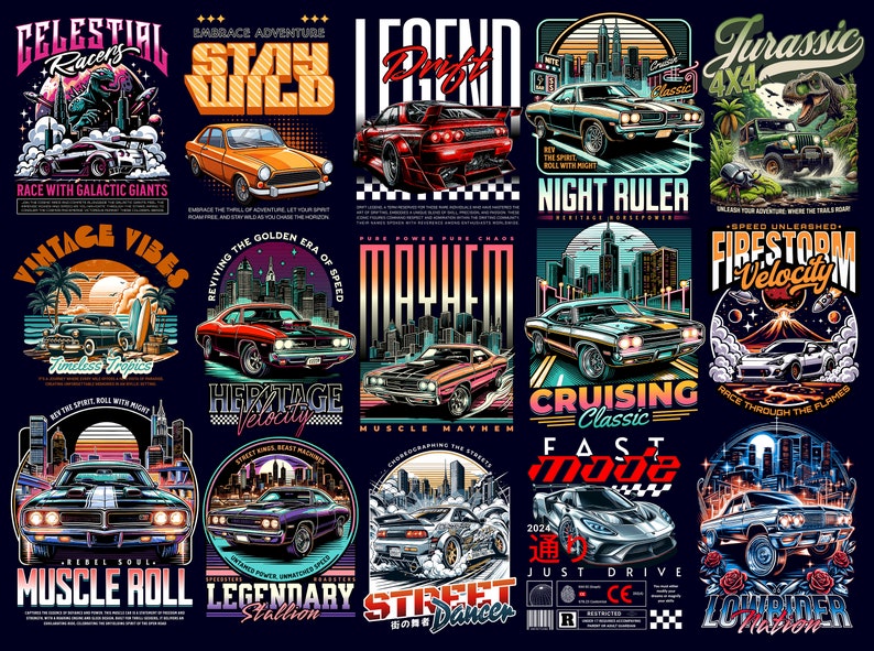 May include: A collection of 12 colorful illustrations featuring vintage and modern cars. Each illustration has a unique design and text, including "Celestial Racers", "Stay Wild", "Legend Drift", "Night Ruler", "Jurassic 4x4", "Vintage Vibes", "Mayhem", "Cruising Classic", "Firestorm Velocity", "Muscle Roll", "Legendary Stallion", and "Street Dancer".