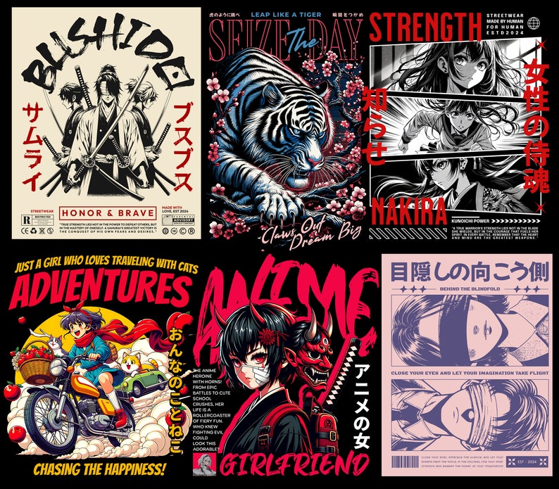 Puede incluir: Un collage de seis dise&ntilde;os gr&aacute;ficos diferentes con personajes de anime, un tigre y texto japon&eacute;s. Los dise&ntilde;os est&aacute;n en una variedad de estilos, incluyendo blanco y negro, color y dibujos animados. El texto incluye las palabras "Bushiido", "Aprovecha el d&iacute;a", "Fuerza", "Nakira", "Novia de anime" y "&iexcl;Persiguiendo la felicidad!"