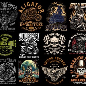 May include: A collage of nine vintage-style motorcycle and biker themed designs. The designs feature skulls, motorcycles, alligators, wolves, and other imagery. The designs are in black, white, red, and yellow.