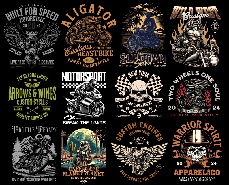 May include: A collage of nine vintage-style motorcycle and biker themed designs. The designs feature skulls, motorcycles, alligators, wolves, and other imagery. The designs are in black, white, red, and yellow.