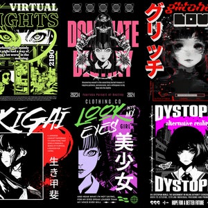 Puede incluir: Un collage de seis dise&ntilde;os gr&aacute;ficos diferentes con personajes de estilo anime, texto en negrita y colores ne&oacute;n. Los dise&ntilde;os incluyen "Virtual Lights", "Ikigai", "Look into my eyes girl", "Glitched Love", "Dystopia alternative reality" y "Donate Beauty".