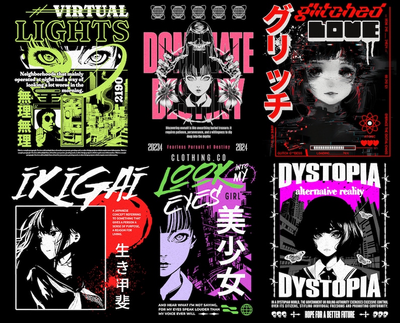 Puede incluir: Un collage de seis dise&ntilde;os gr&aacute;ficos diferentes con personajes de estilo anime, texto en negrita y colores ne&oacute;n. Los dise&ntilde;os incluyen "Virtual Lights", "Ikigai", "Look into my eyes girl", "Glitched Love", "Dystopia alternative reality" y "Donate Beauty".