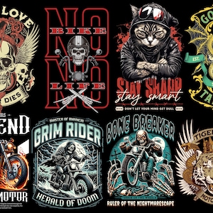 May include: A collection of nine colorful motorcycle-themed graphic designs. The designs feature skulls, a cat, a tiger, and a grim reaper riding a motorcycle. The designs are set against a black background and include text such as "True Love", "No Bike No Life", "Stay Sharp", "Grim Rider", "Bone Breaker", and "Tiger King".