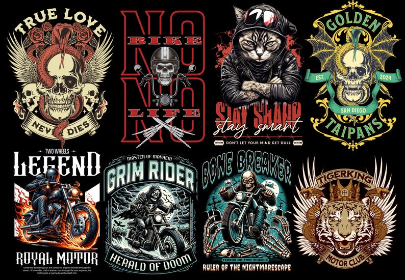 May include: A collection of nine colorful motorcycle-themed graphic designs. The designs feature skulls, a cat, a tiger, and a grim reaper riding a motorcycle. The designs are set against a black background and include text such as "True Love", "No Bike No Life", "Stay Sharp", "Grim Rider", "Bone Breaker", and "Tiger King".