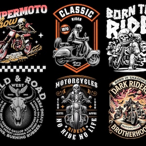 May include: A collection of six vintage motorcycle themed illustrations. The illustrations feature a skull and crossbones, a motorcycle rider, a skull with horns, a motorcycle club logo, and a dark rider motorcycle club logo.