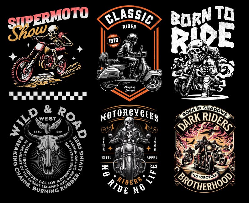 May include: A collection of six vintage motorcycle themed illustrations. The illustrations feature a skull and crossbones, a motorcycle rider, a skull with horns, a motorcycle club logo, and a dark rider motorcycle club logo.