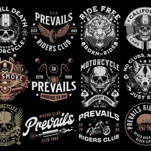 May include: A collection of ten black and white motorcycle club logos with skull, animal, and motorcycle imagery. The logos feature text such as "Ride Till Death", "Prevails Riders Club", "Ride Free Born to Ride", "Red Smoke Automatic Motorbike", "California Cafe Racer", "No Clubs, No Rules Just Ride", "Motorcycles Legendary Riders", "Prevails Riders Club", "Prevails Riders Club", and "Prevails Riders Club Never Back Down Never Give Up".