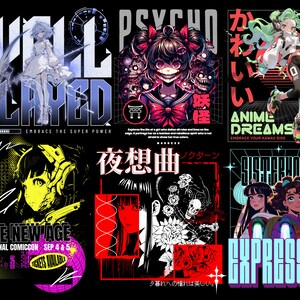 Puede incluir: Un collage de seis dise&ntilde;os gr&aacute;ficos diferentes con personajes de anime y texto. Los dise&ntilde;os son de varios estilos, incluyendo cyberpunk, g&oacute;tico y retro. El texto incluye frases como "Well Played", "Psycho", "Anime Dreams", "Sisterhood", "The New Age", y "Expressed".