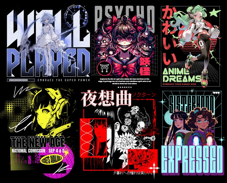 Puede incluir: Un collage de seis dise&ntilde;os gr&aacute;ficos diferentes con personajes de anime y texto. Los dise&ntilde;os son de varios estilos, incluyendo cyberpunk, g&oacute;tico y retro. El texto incluye frases como "Well Played", "Psycho", "Anime Dreams", "Sisterhood", "The New Age", y "Expressed".