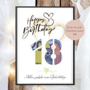 Puede incluir: Un cartel enmarcado con las palabras "Happy Birthday" en escritura elegante, con el número "18" con un diseño que incorpora moneda. La impresión incluye el texto "Alles Liebe zum Geburtstag" y una etiqueta "Digitaler Download".
