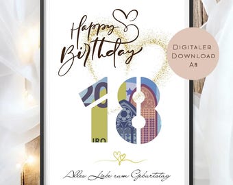 Printbaar sjabloon voor een 18e verjaardagscadeau | Geldcadeau voor een verjaardag | Printbaar last-minute verjaardagscadeau (PDF-download)