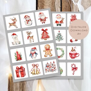 May include: Two sheets of Christmas-themed digital download stickers. Each sticker features a watercolor illustration of holiday icons like Santa Claus, reindeer, gingerbread men, and Christmas trees. The stickers are arranged in a grid pattern.