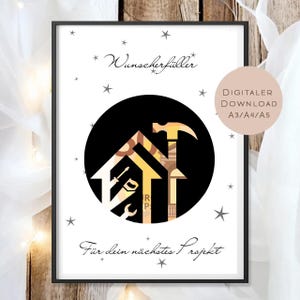 Puede incluir: Un estampado enmarcado con borde negro. La imagen presenta un círculo negro con un diseño de casa y herramientas. Los textos "Wunscherfüller" y "Für dein nächstes Projekt" están arriba y abajo del diseño. Una etiqueta circular dice "DIGITALER DOWNLOAD A3/A4/A5".